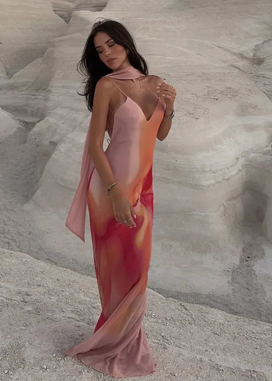 Women orange v neck maxi dress, back
