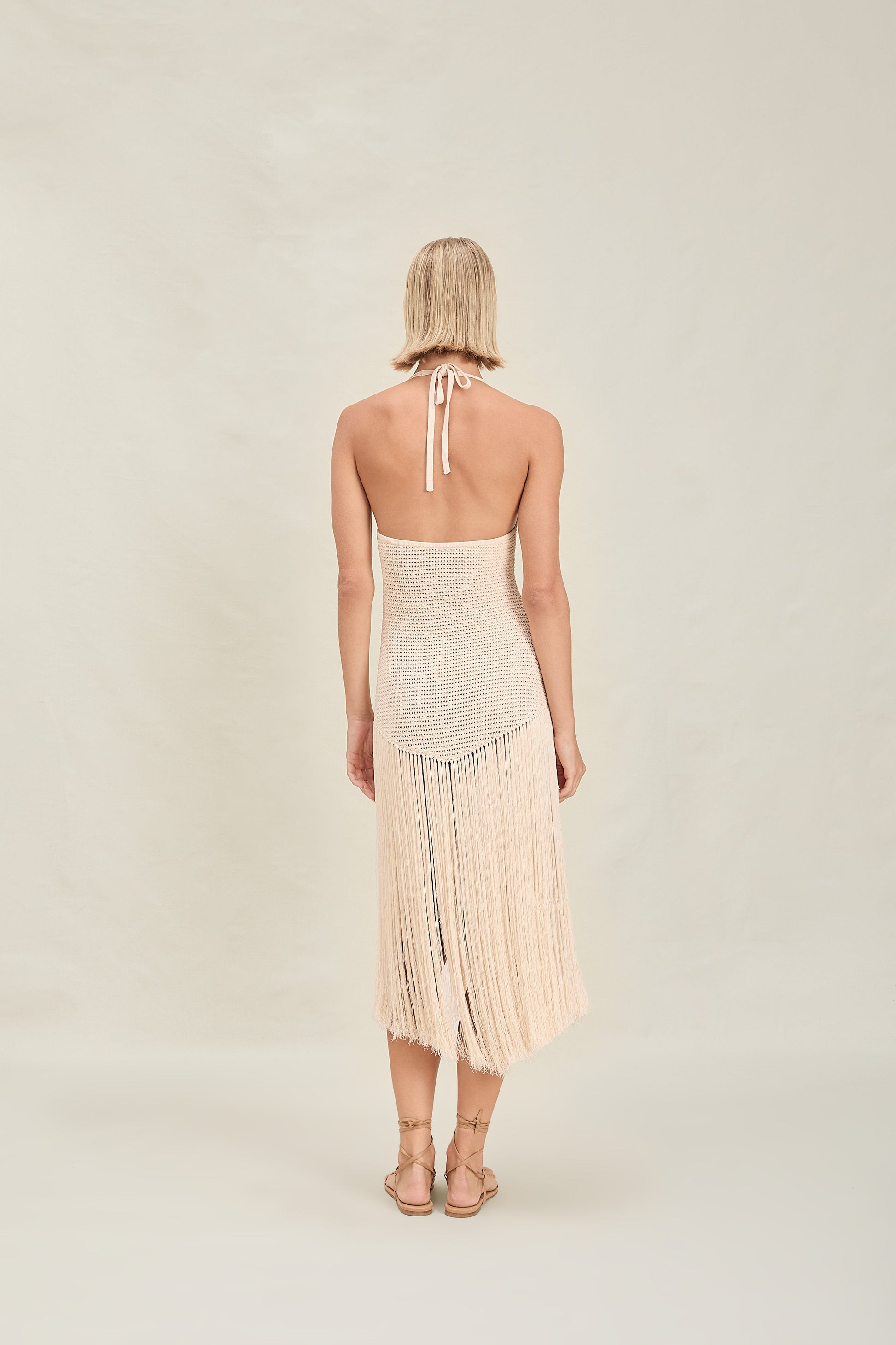 Women tan v neck halter solid midi dress, back view