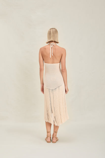 Women tan v neck halter solid midi dress, back view