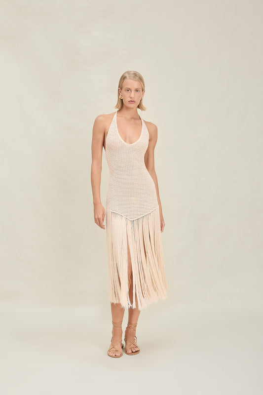 Women tan v neck halter solid midi dress, front view