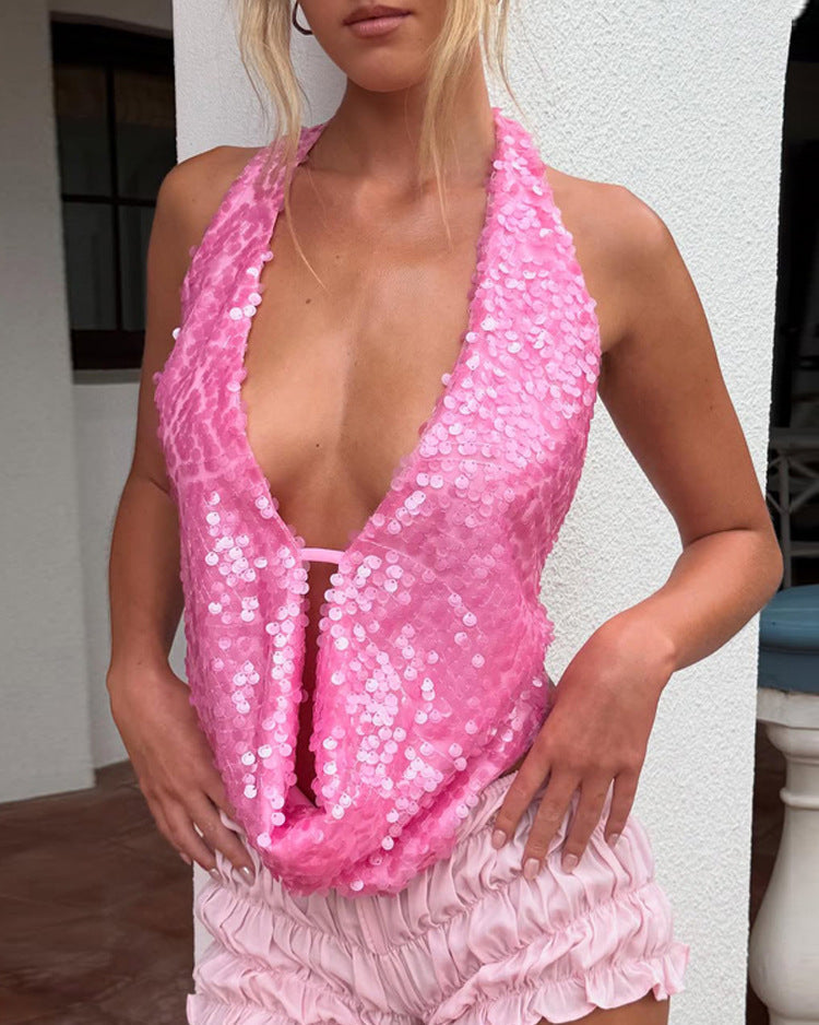 Faye Sleeveless Sequin Top in Green