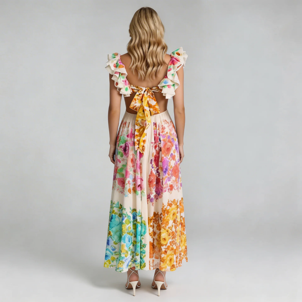 Multicolor floral maxi dress with bow-tied open back, back view showing silhouette detail.