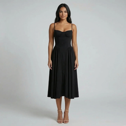 Black corset-style midi dress with sweetheart neckline — front view showing fit-and-flare silhouette.