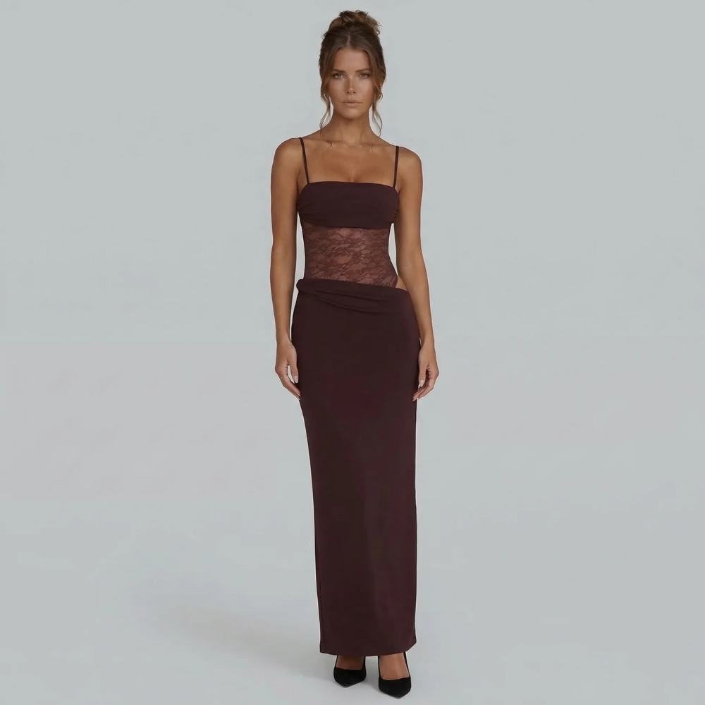 Burgundy maxi dress with fitted lace bodice and adjustable shoulder ties — styled shot