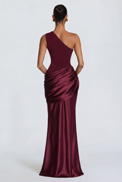 Women one shoulder maxi dress, back view