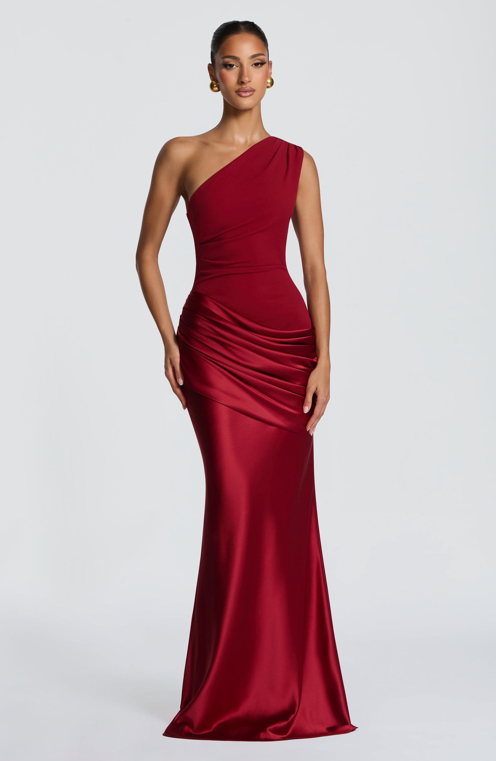 Women red one shoulder maxi dress, front view