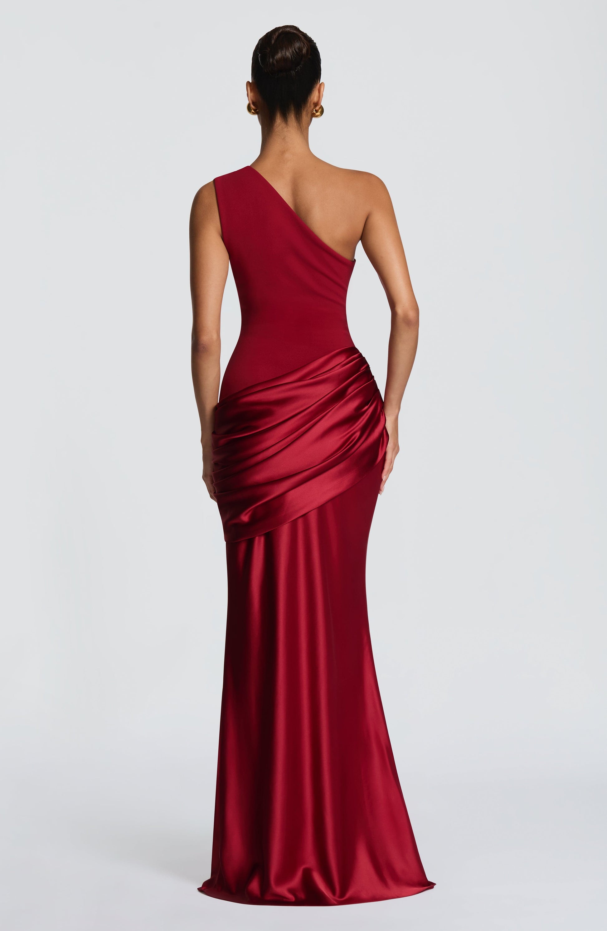 Women red one shoulder maxi dress, back view