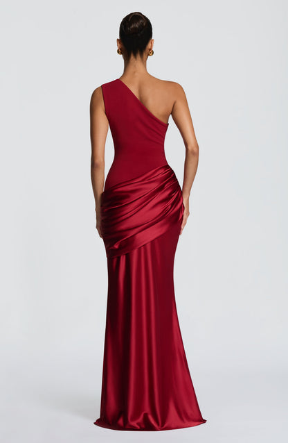 Women red one shoulder maxi dress, back view