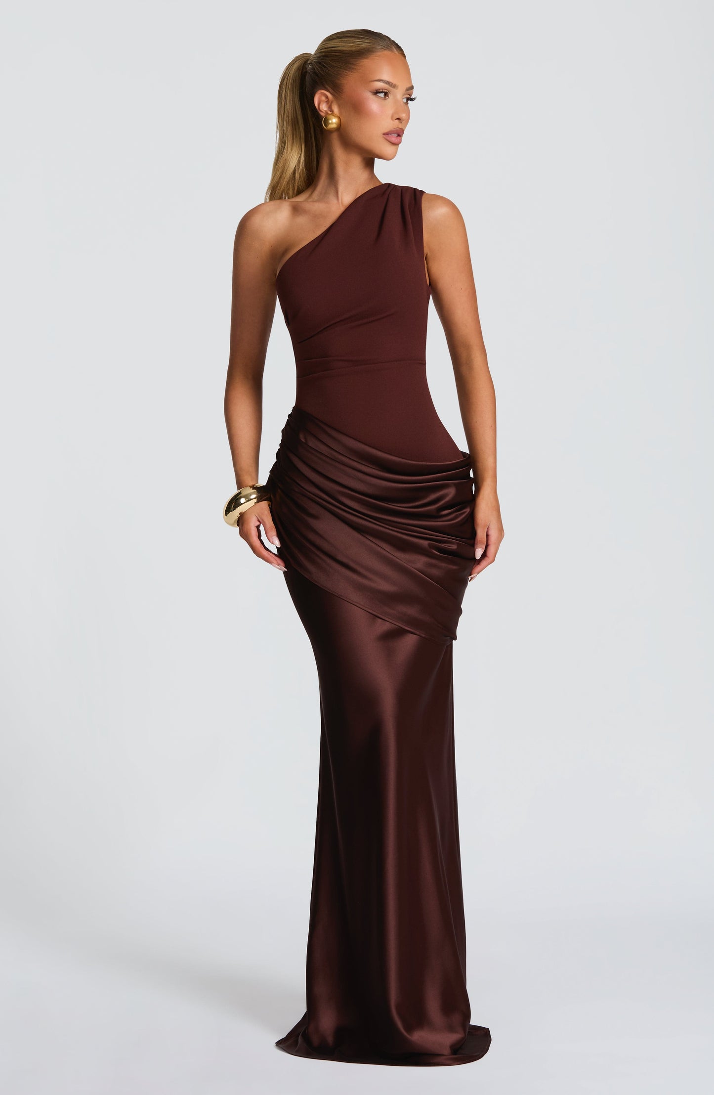 Women one shoulder maxi dress, back view