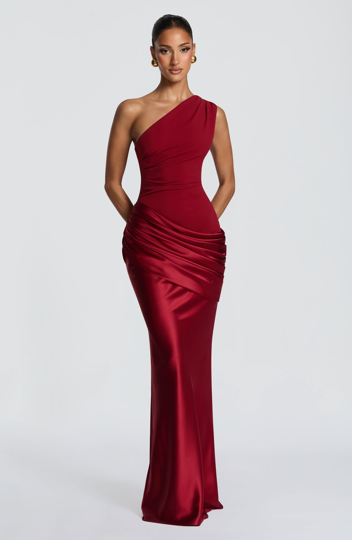 Women red one shoulder maxi dress, back view