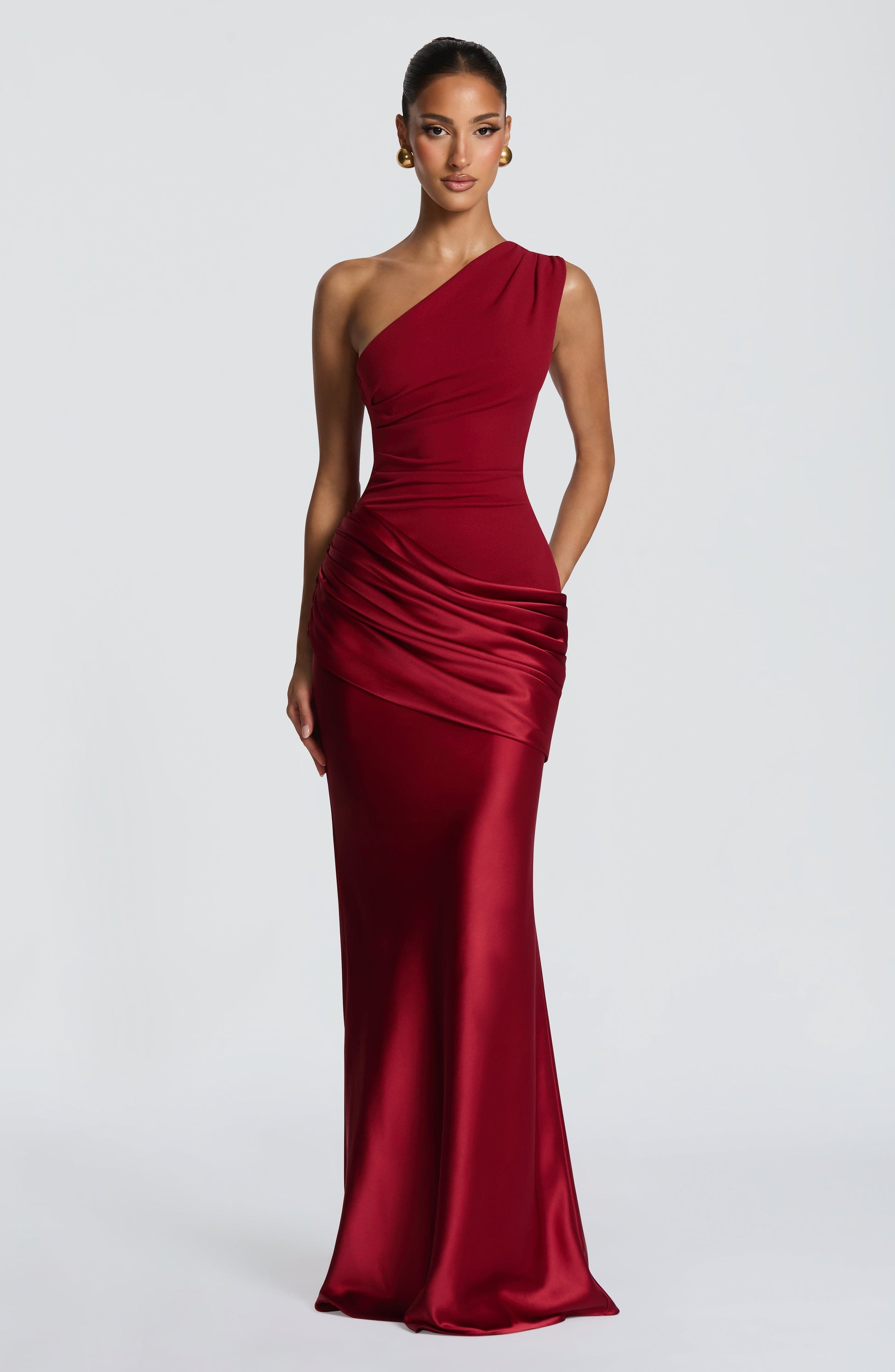 Women red one shoulder maxi dress, side view
