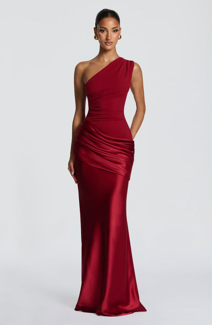 Women red one shoulder maxi dress, side view