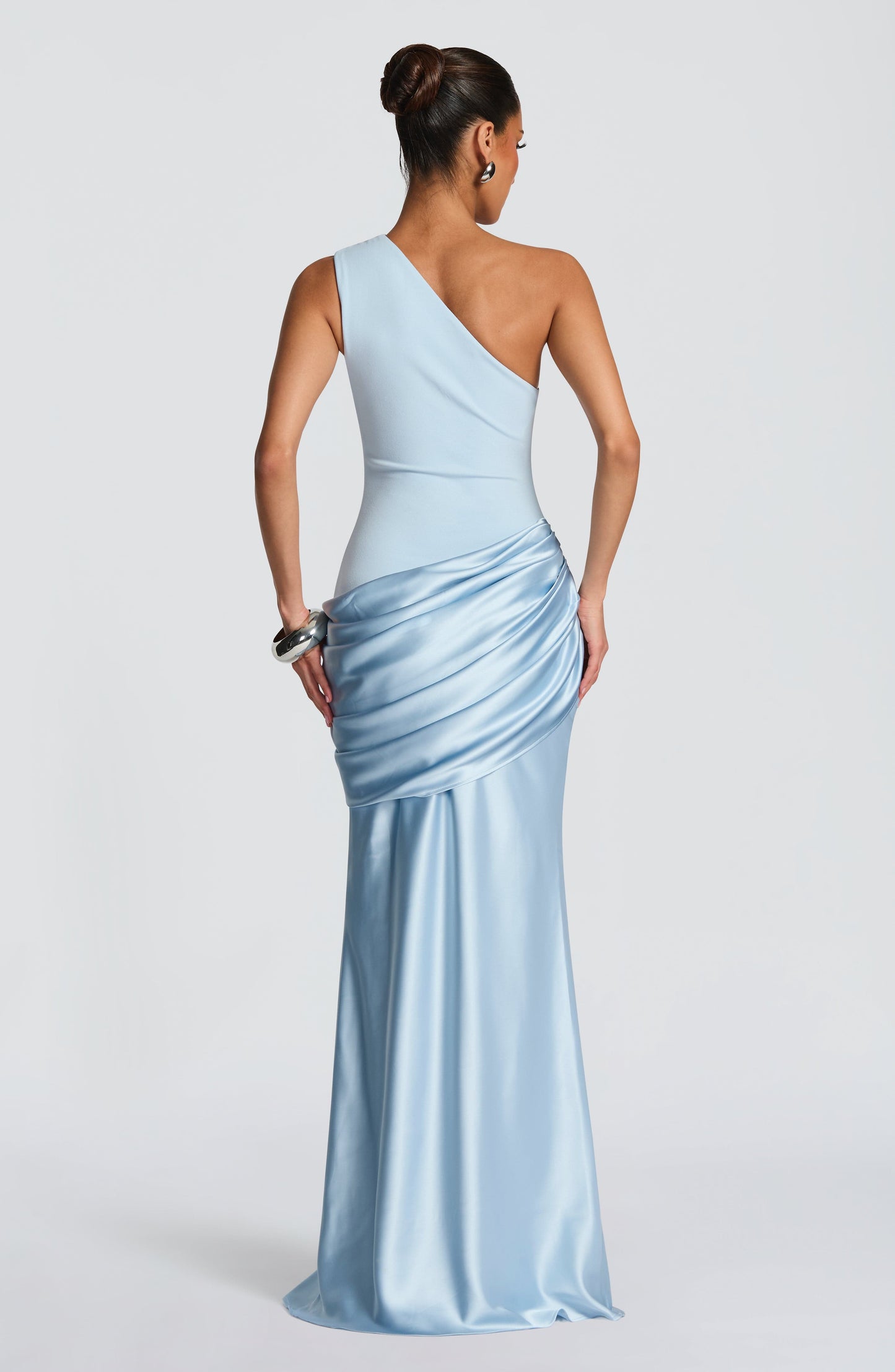Women one shoulder maxi dress, back view