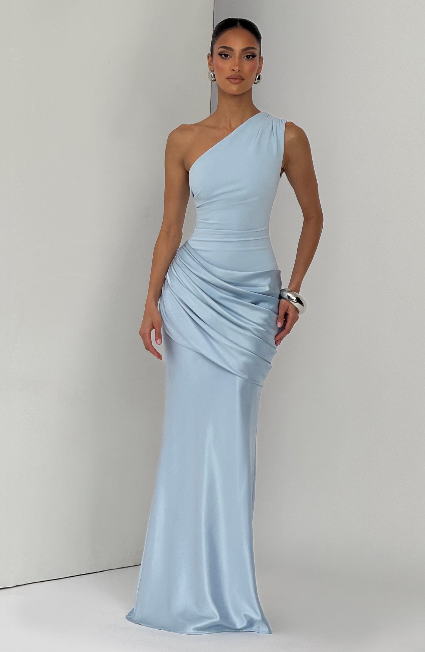 Women one shoulder maxi dress, side view