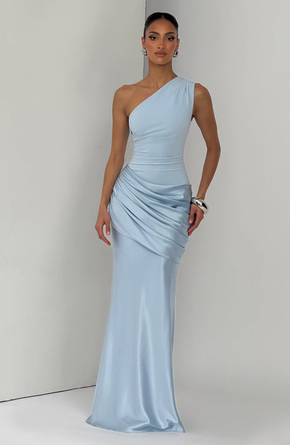Women one shoulder maxi dress, side view
