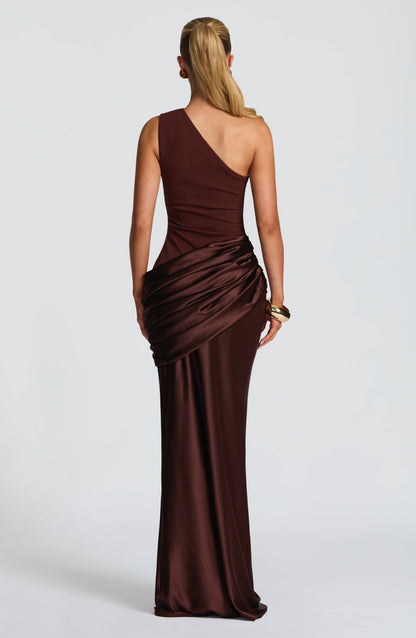 Women one shoulder maxi dress, side view