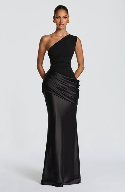 Women black one shoulder maxi dress, back view