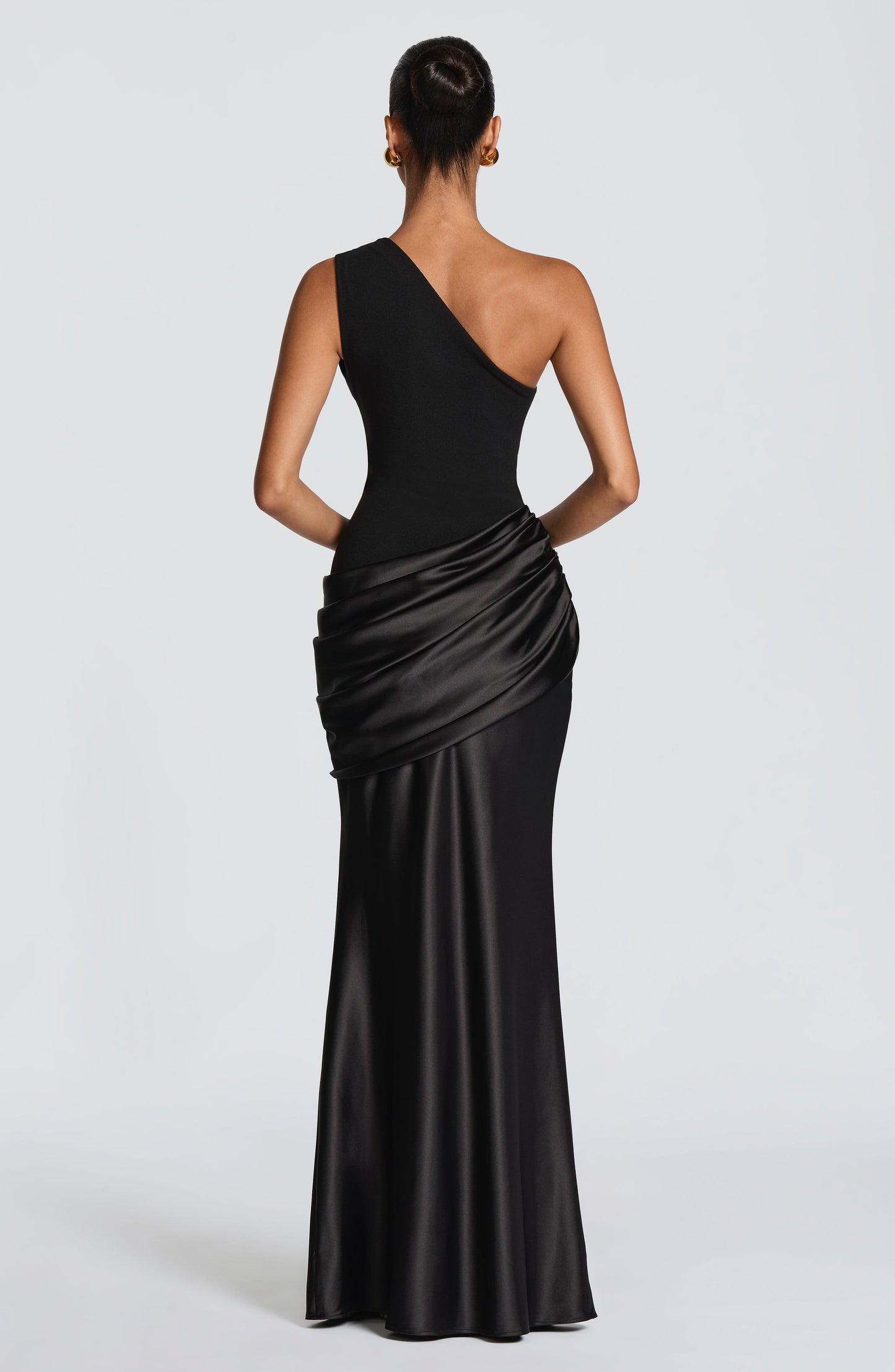 Women black one shoulder maxi dress, side view