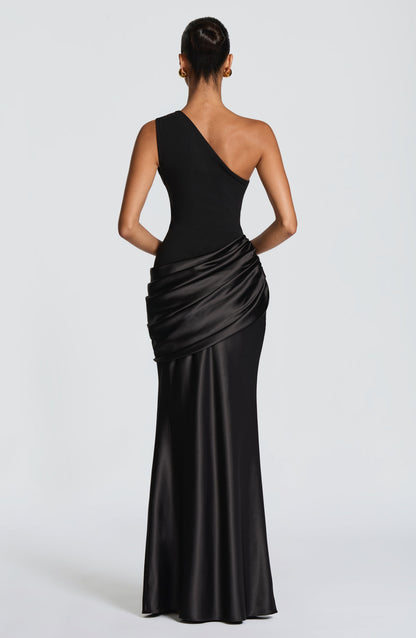 Women black one shoulder maxi dress, side view