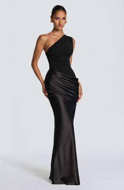 Women black one shoulder maxi dress, detail close-up