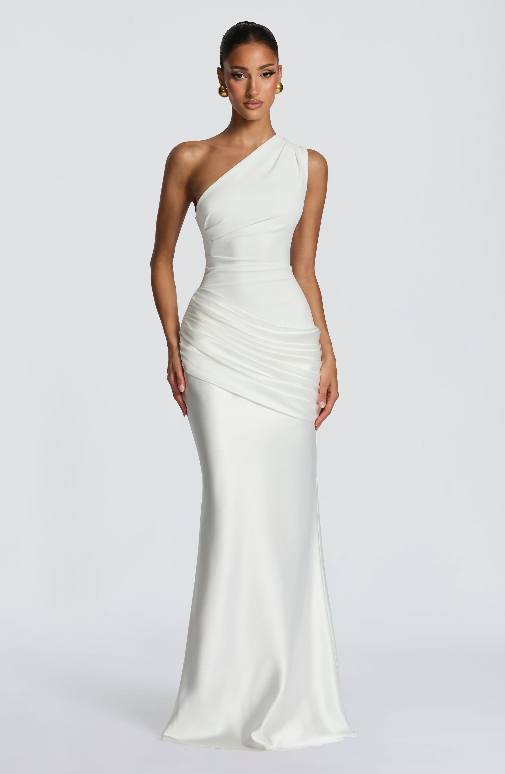 Women ivory one shoulder maxi dress, detail close-up