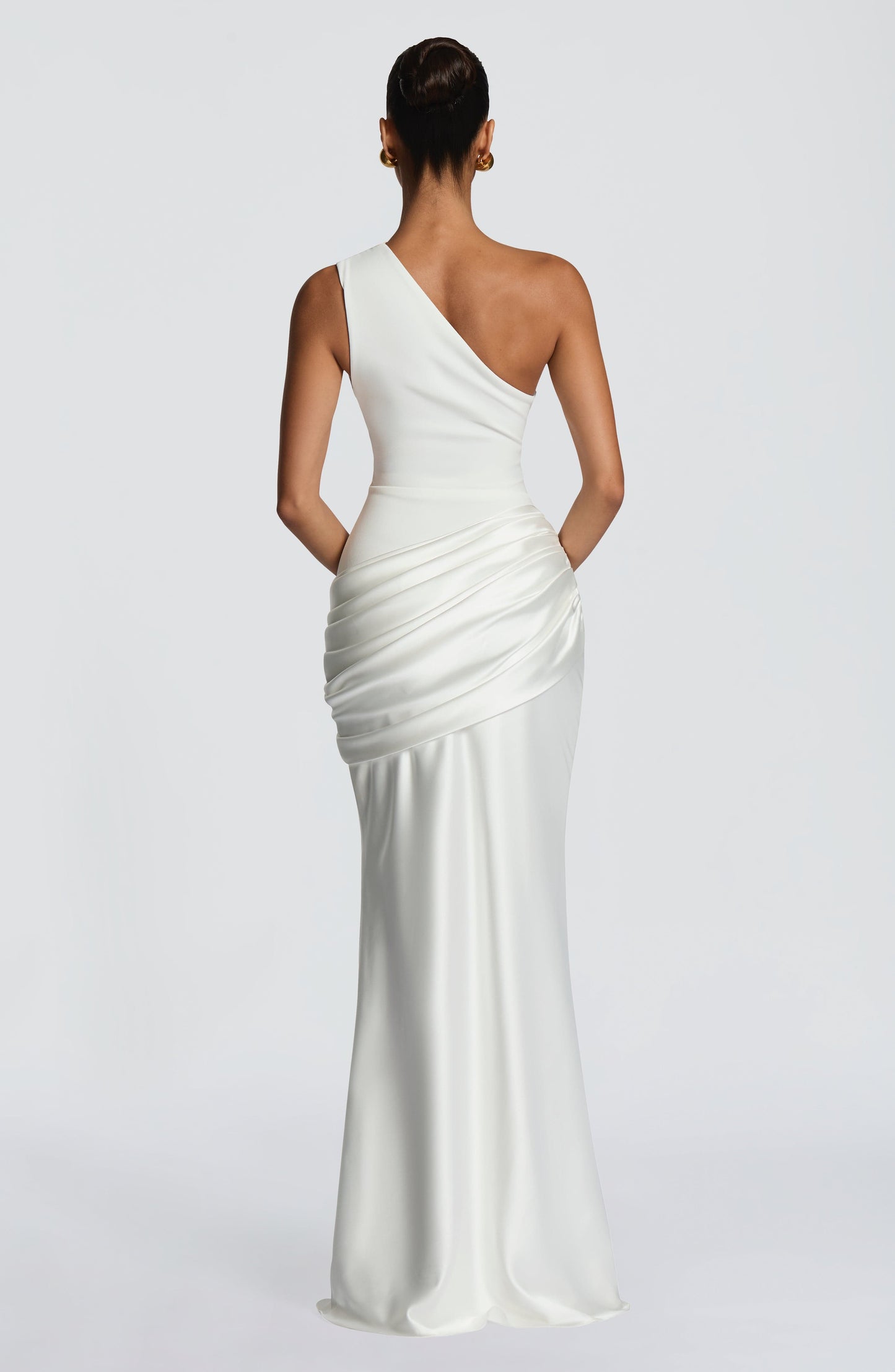 Women ivory one shoulder maxi dress, front view