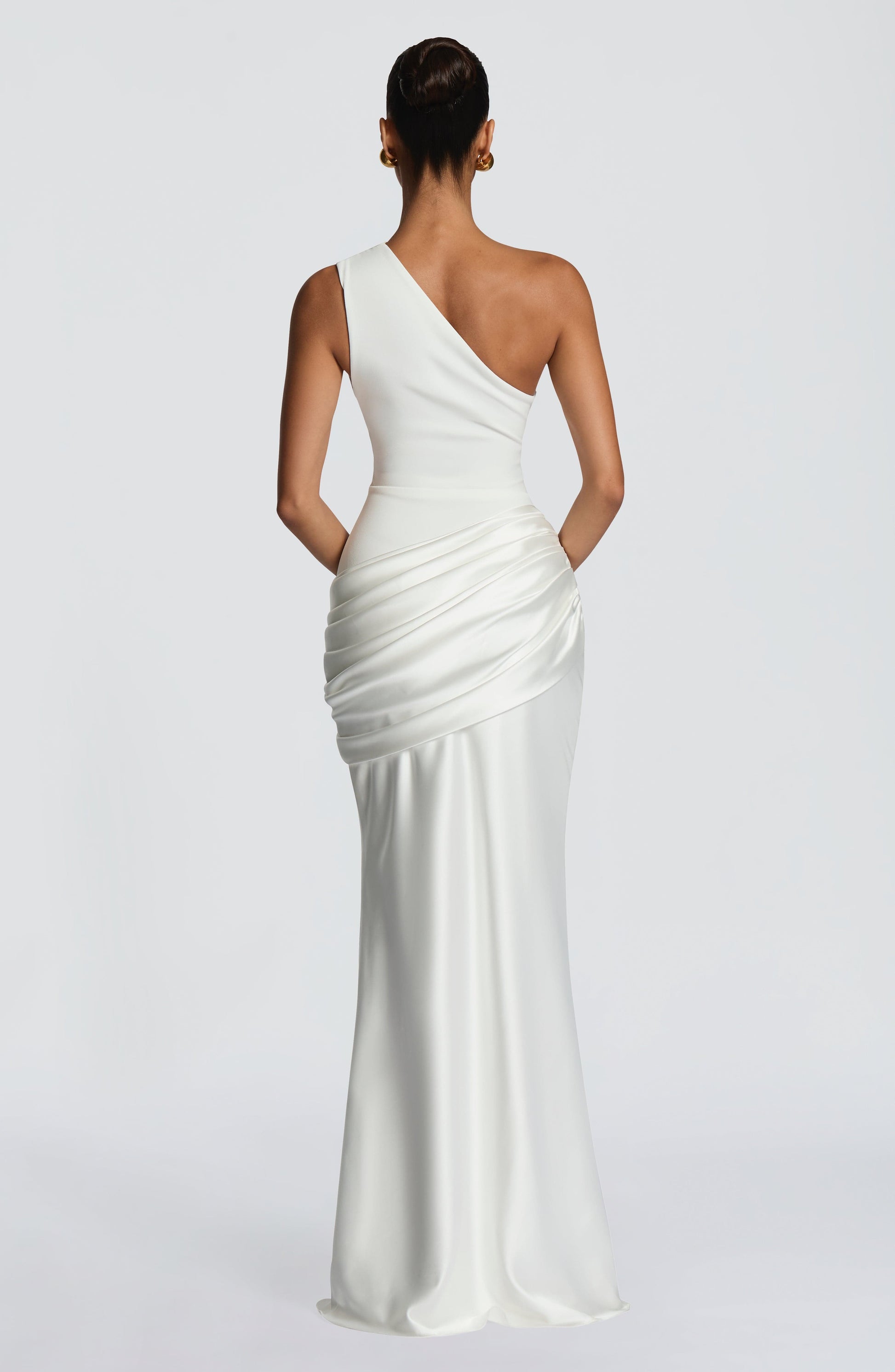 Women ivory one shoulder maxi dress, front view