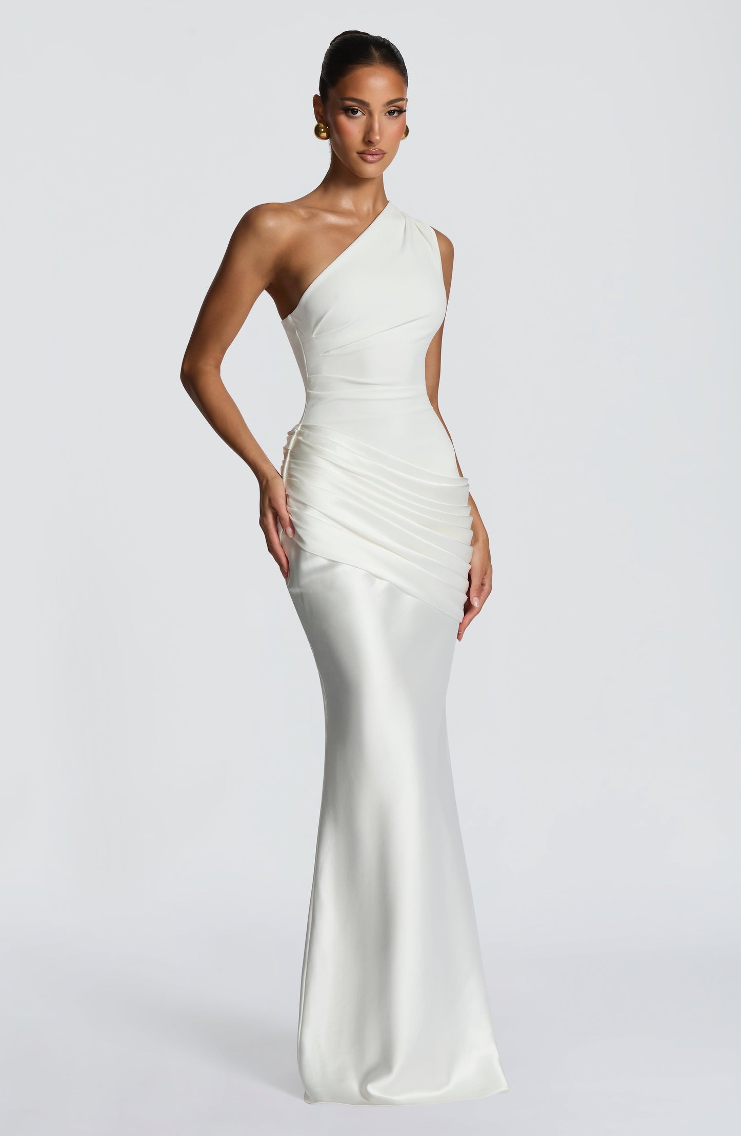 Women ivory one shoulder maxi dress, back view