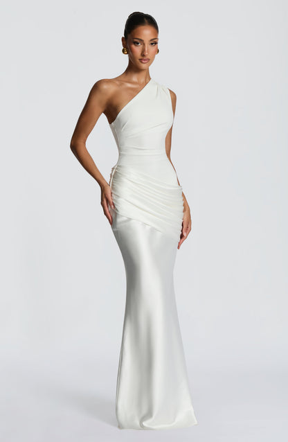 Women ivory one shoulder maxi dress, back view