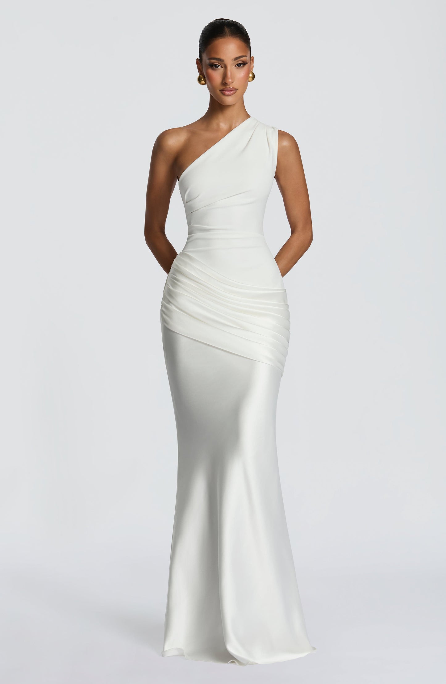 Women ivory one shoulder maxi dress, side view