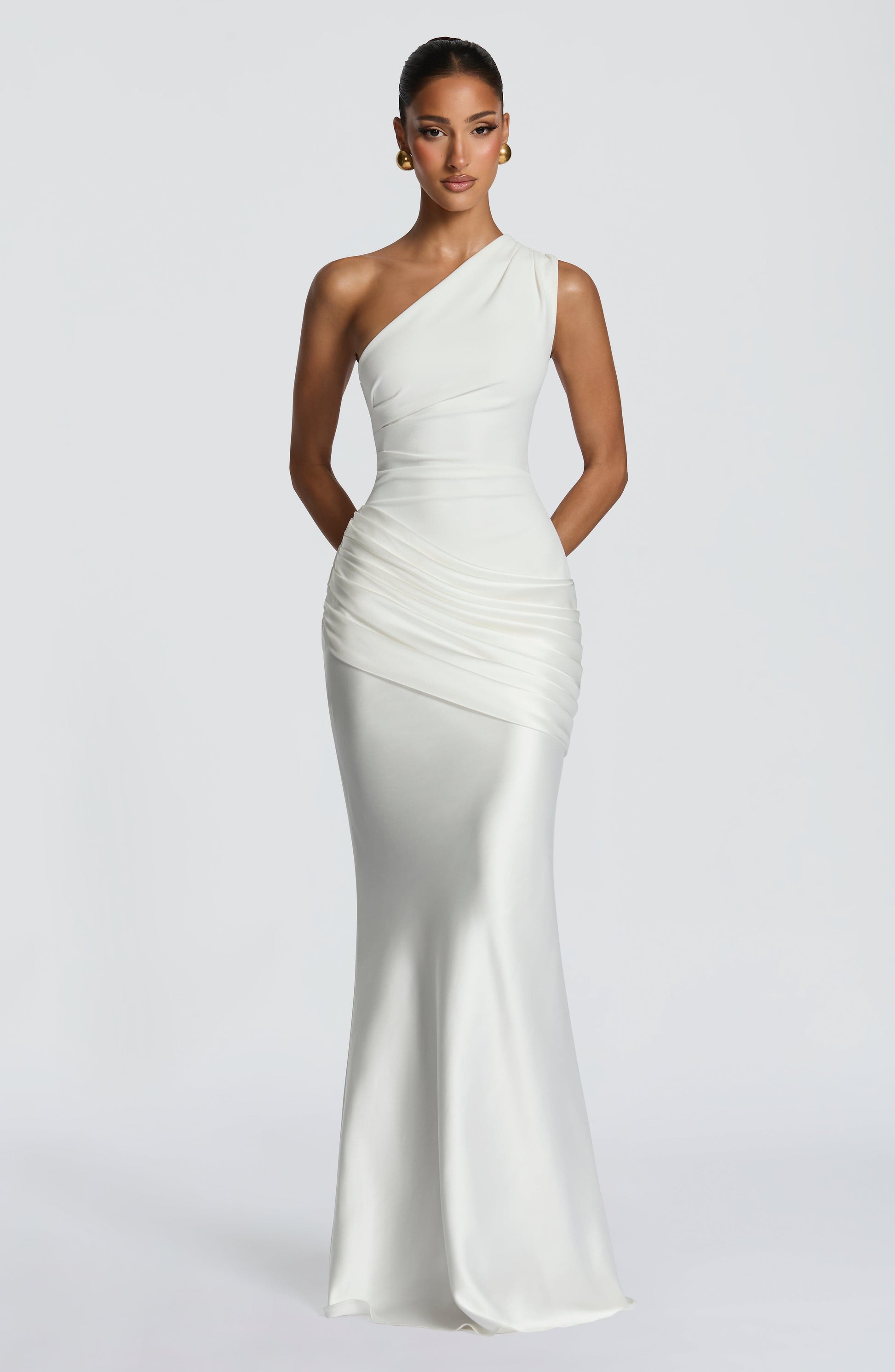 Women ivory one shoulder maxi dress, side view