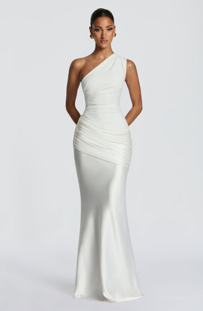 Women ivory one shoulder maxi dress, side view