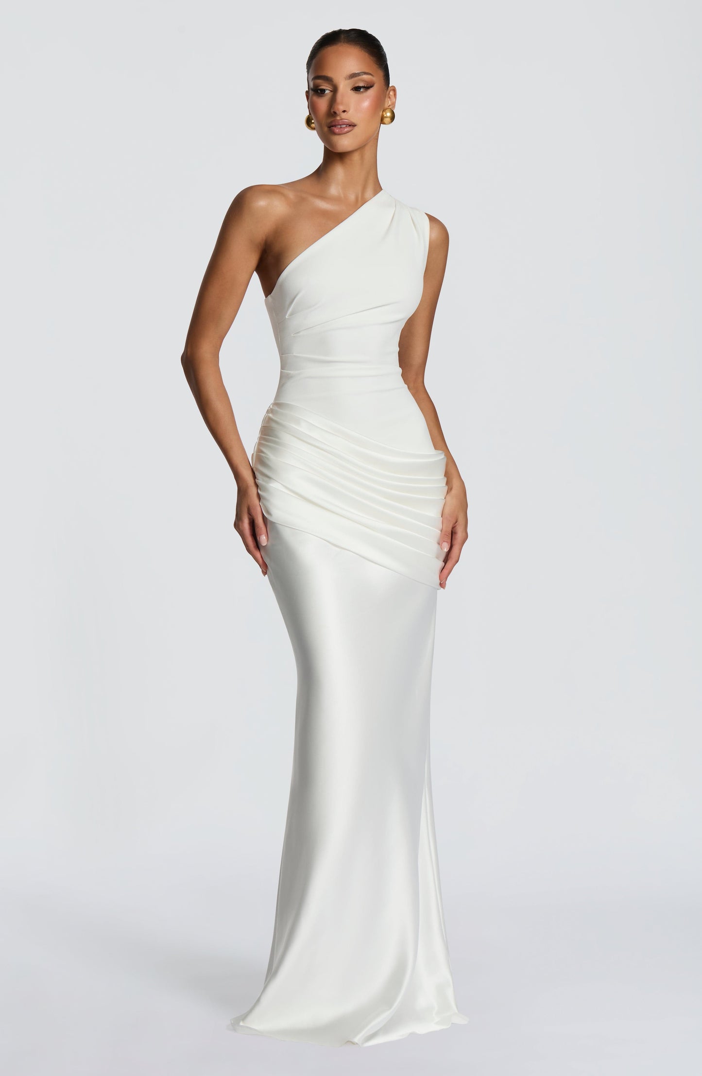 Women ivory one shoulder maxi dress, detail close-up