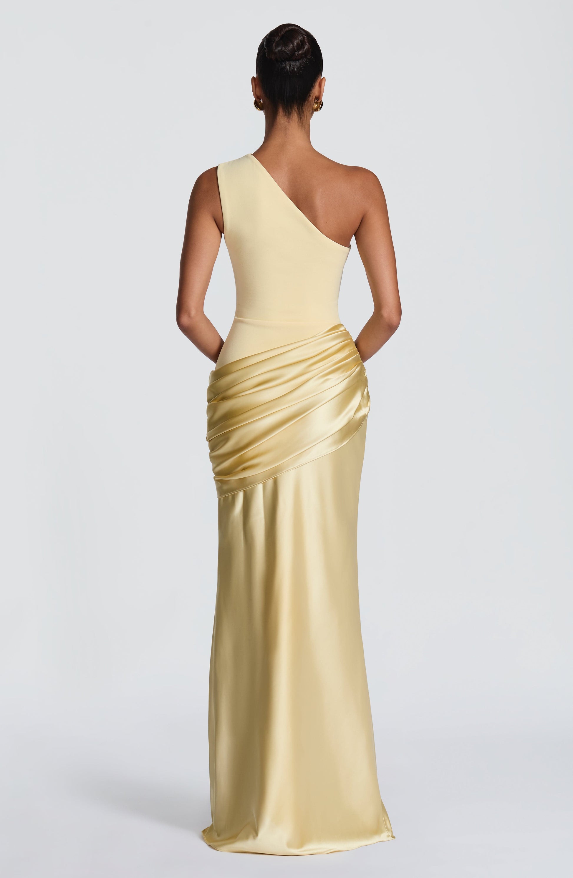 Women one shoulder maxi dress, back view