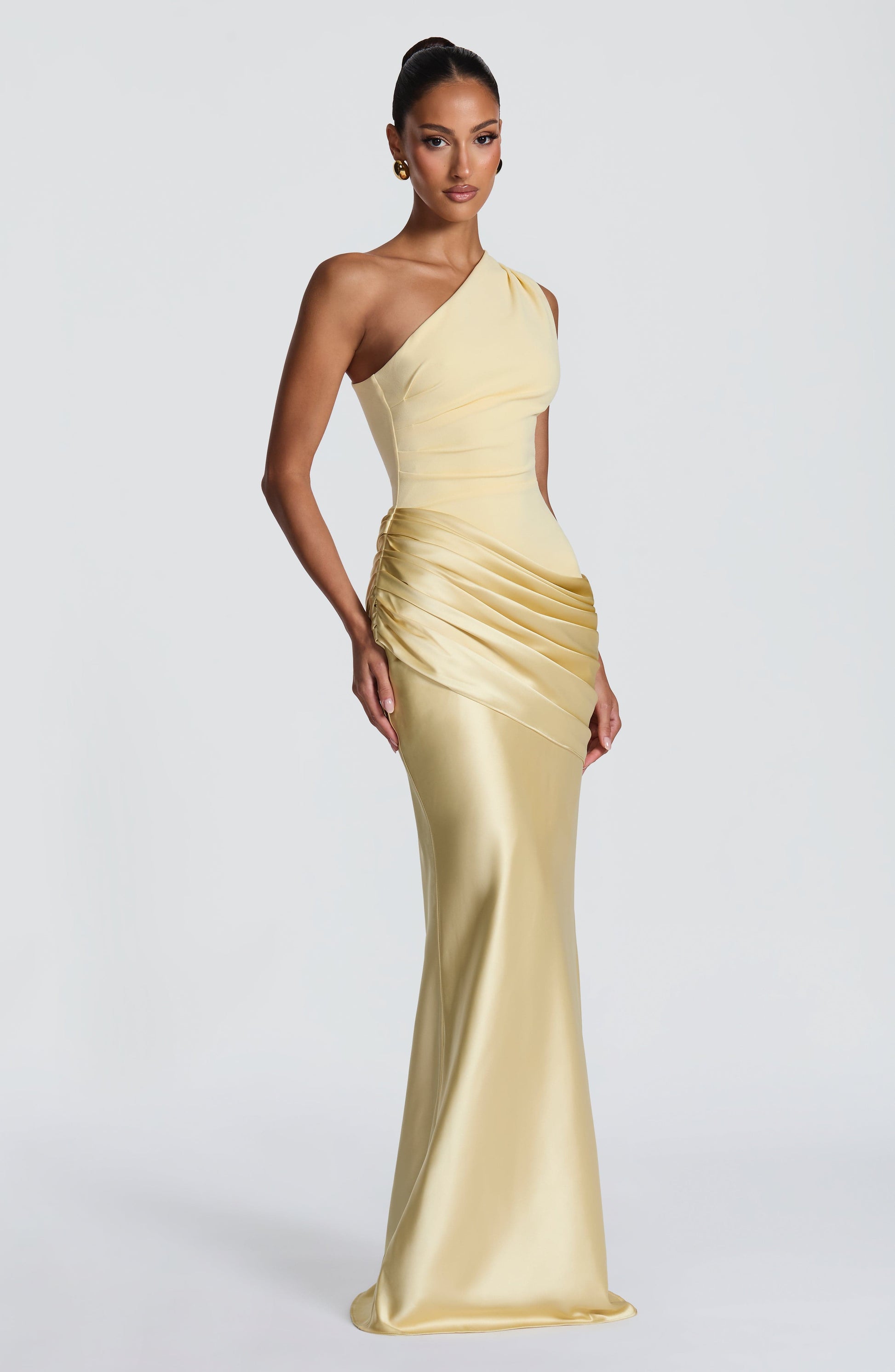Women one shoulder maxi dress, side view