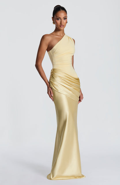Women one shoulder maxi dress, side view