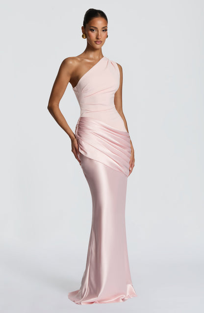Women one shoulder maxi dress, side view