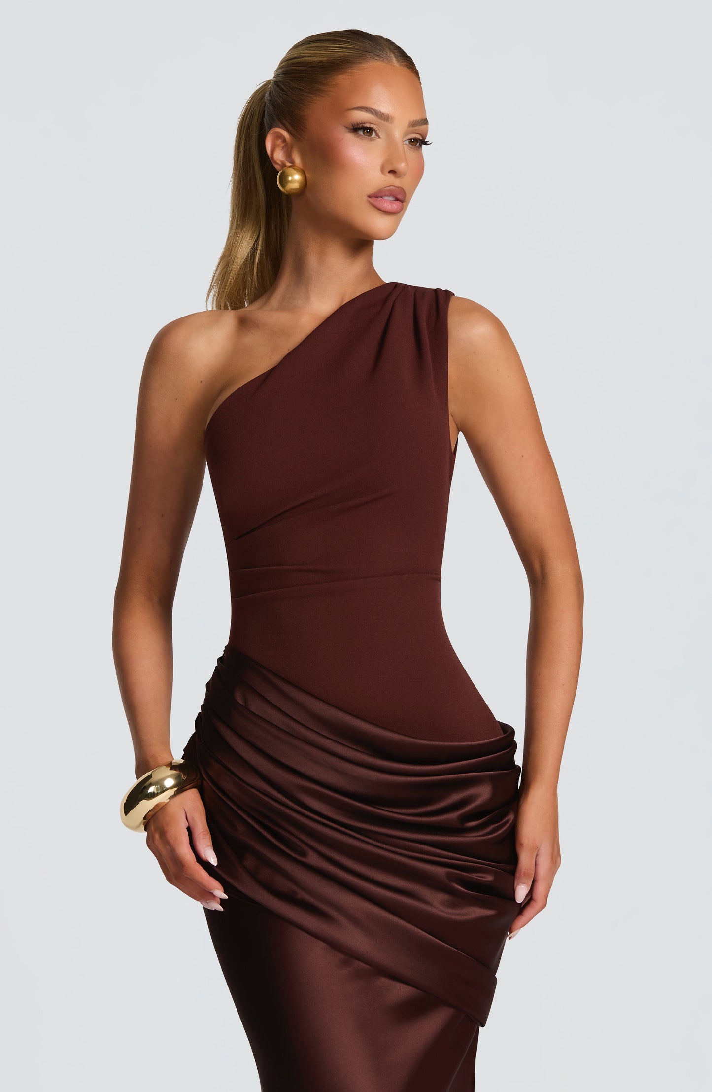 Women one shoulder maxi dress, front view