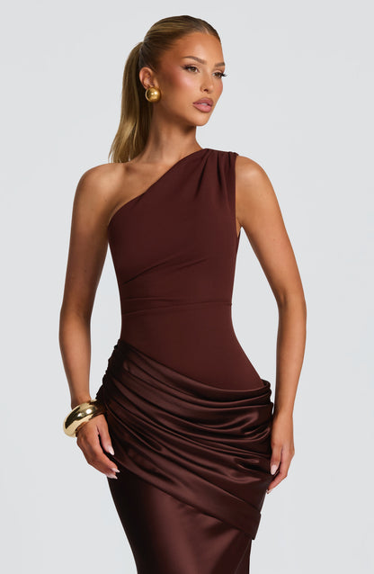 Women one shoulder maxi dress, front view