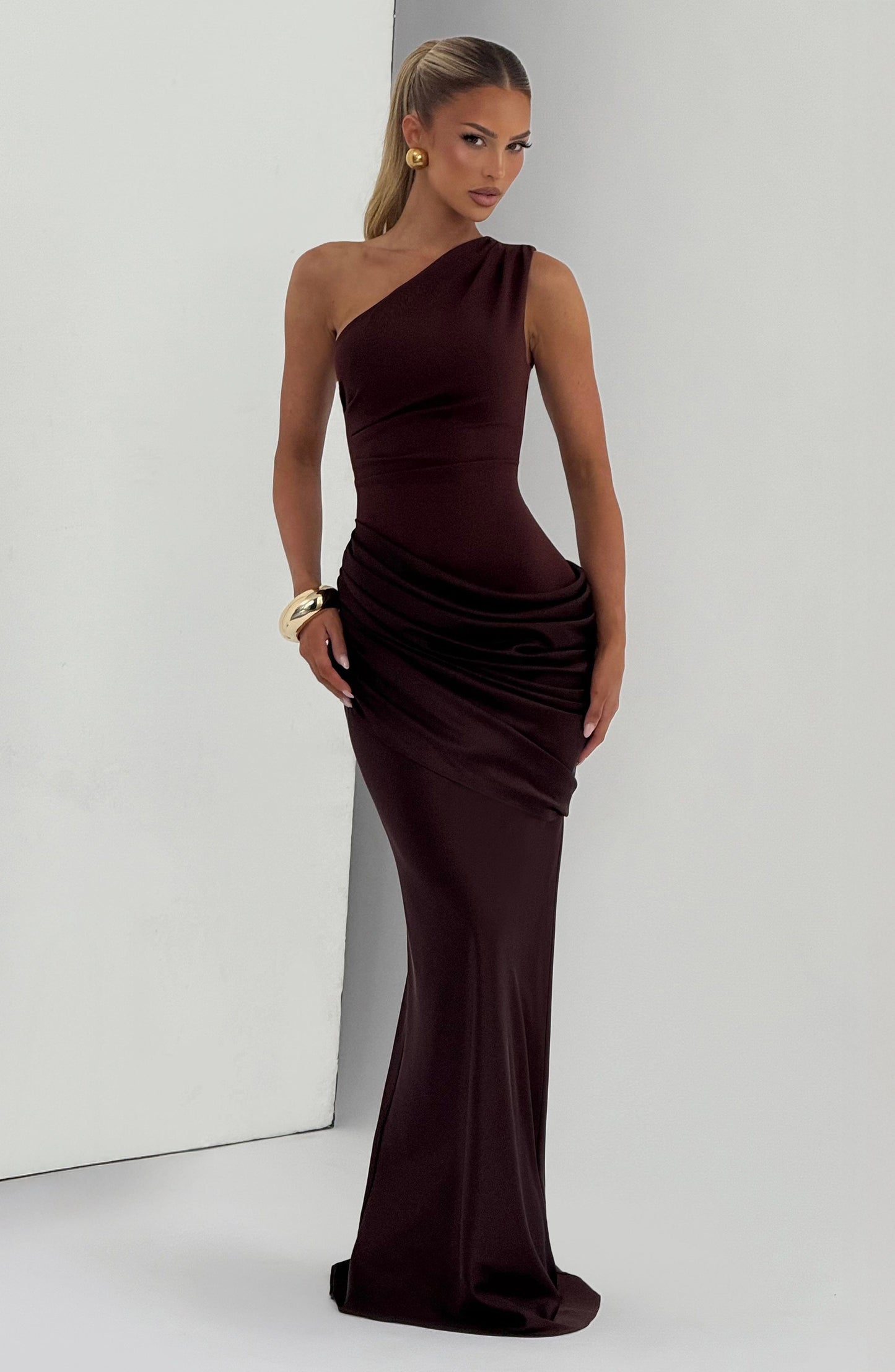 Women one shoulder maxi dress, back view