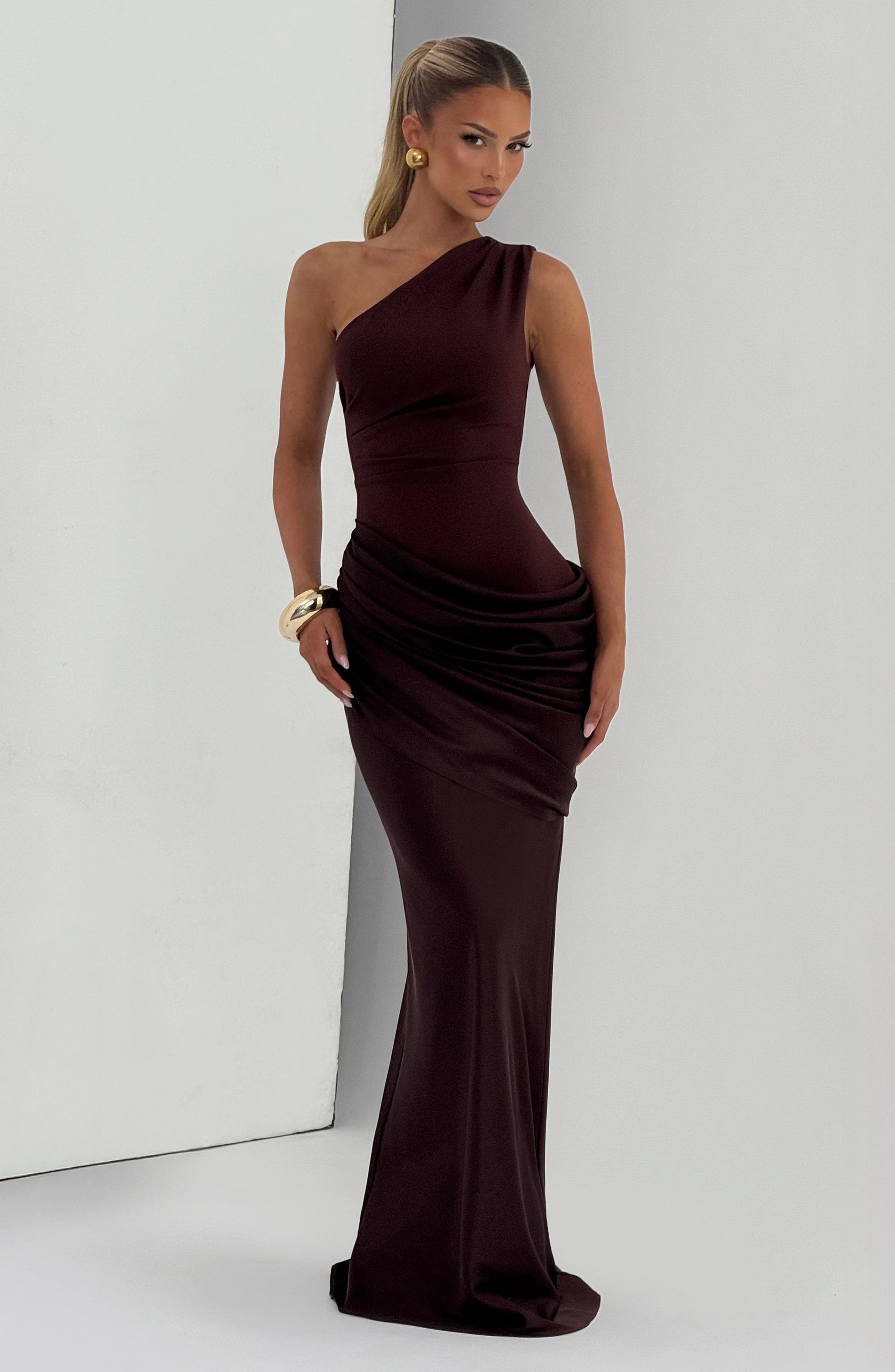 Women one shoulder maxi dress, back view