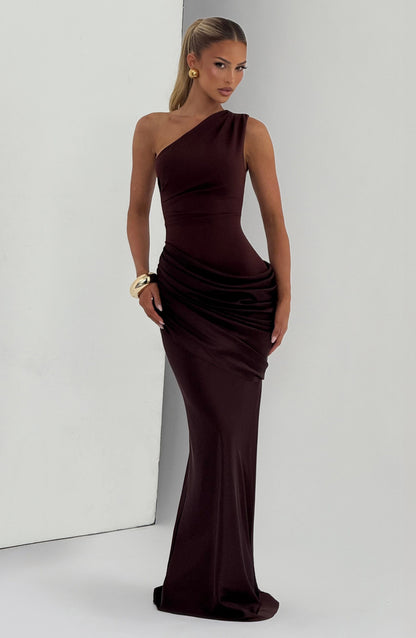 Women one shoulder maxi dress, back view