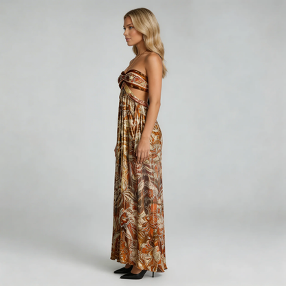 Women brown halter paisley maxi dress, side view