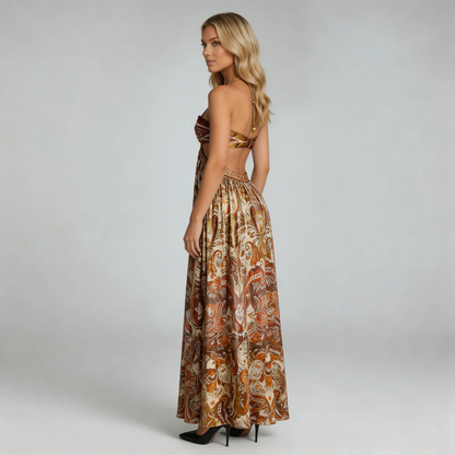 Women brown halter paisley maxi dress, back view