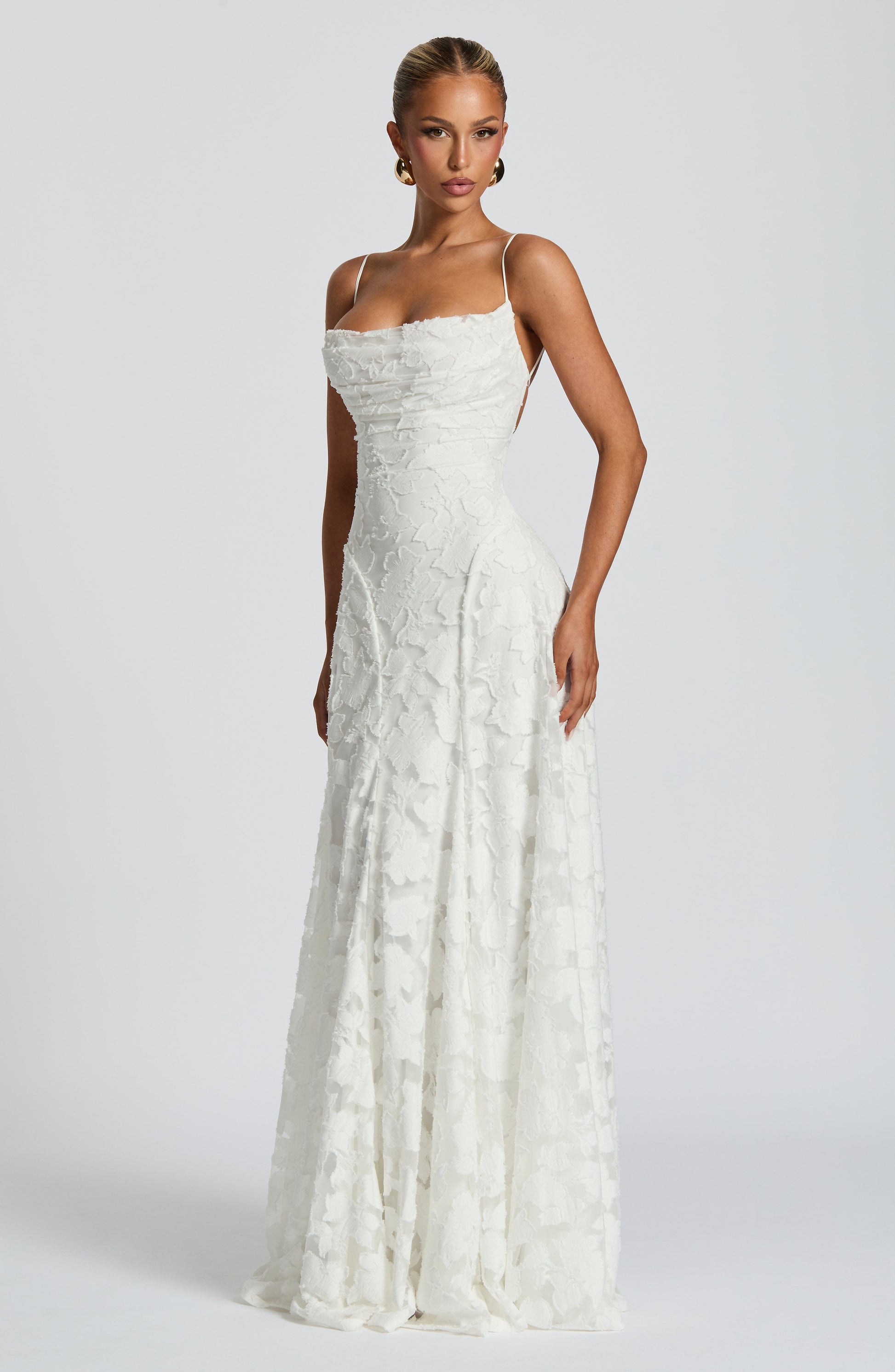 Women ivory cowl maxi dress, back view