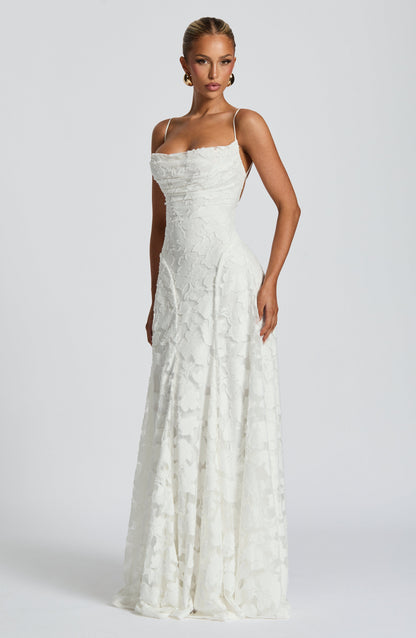 Women ivory cowl maxi dress, back view
