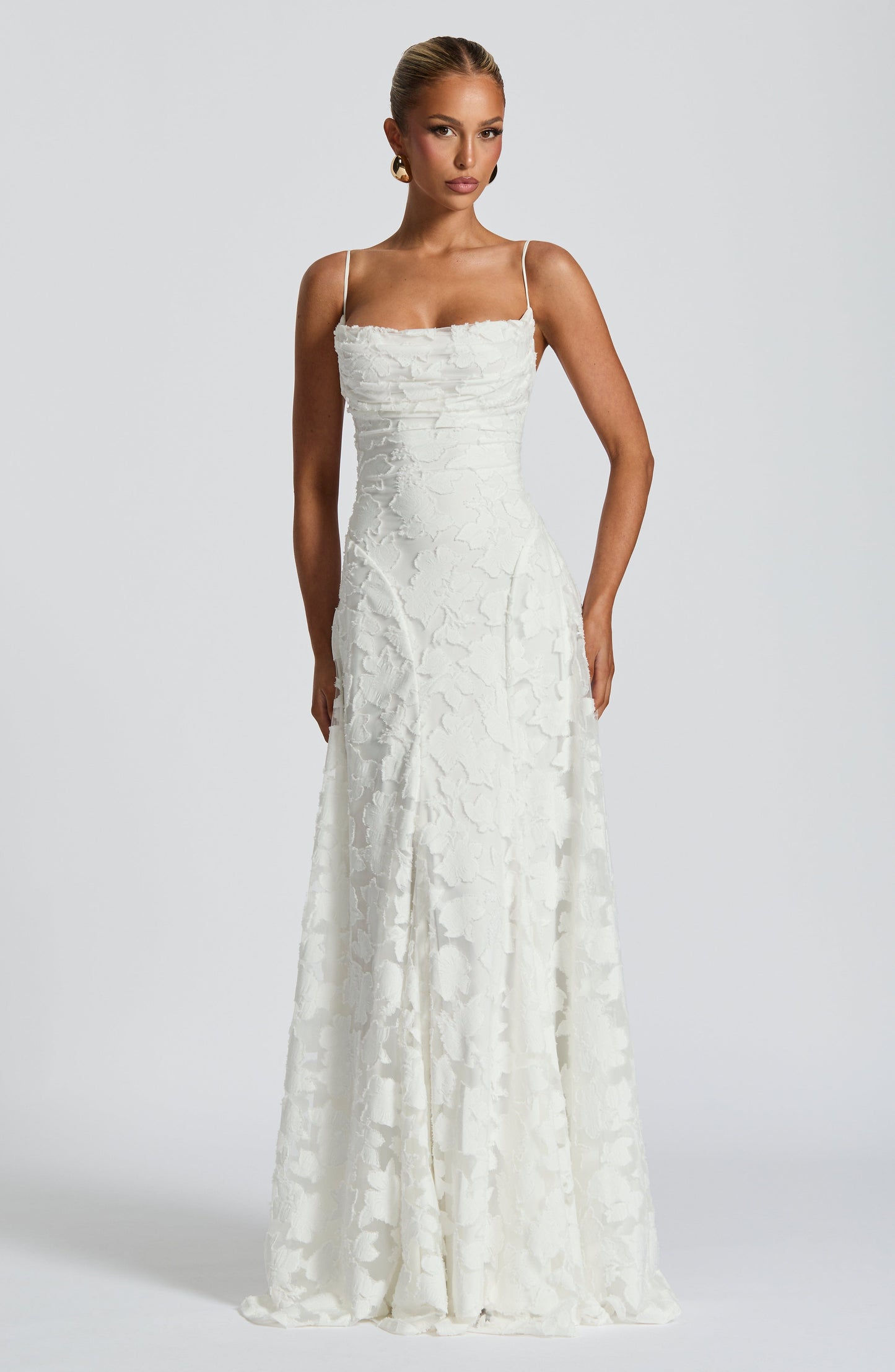 Women ivory cowl maxi dress, side view