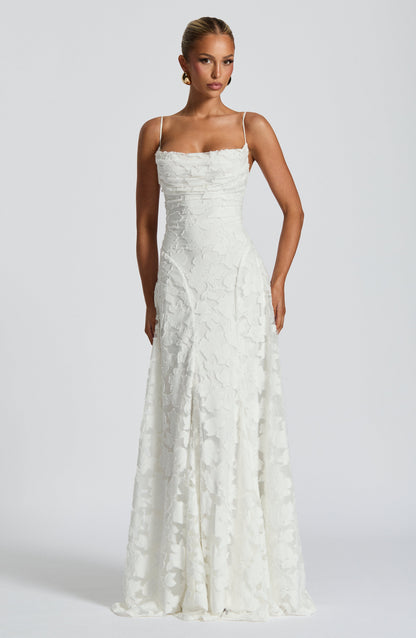 Women ivory cowl maxi dress, side view