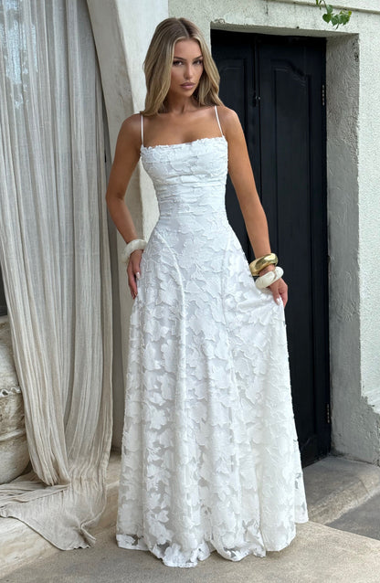 Women ivory cowl maxi dress, detail close-up