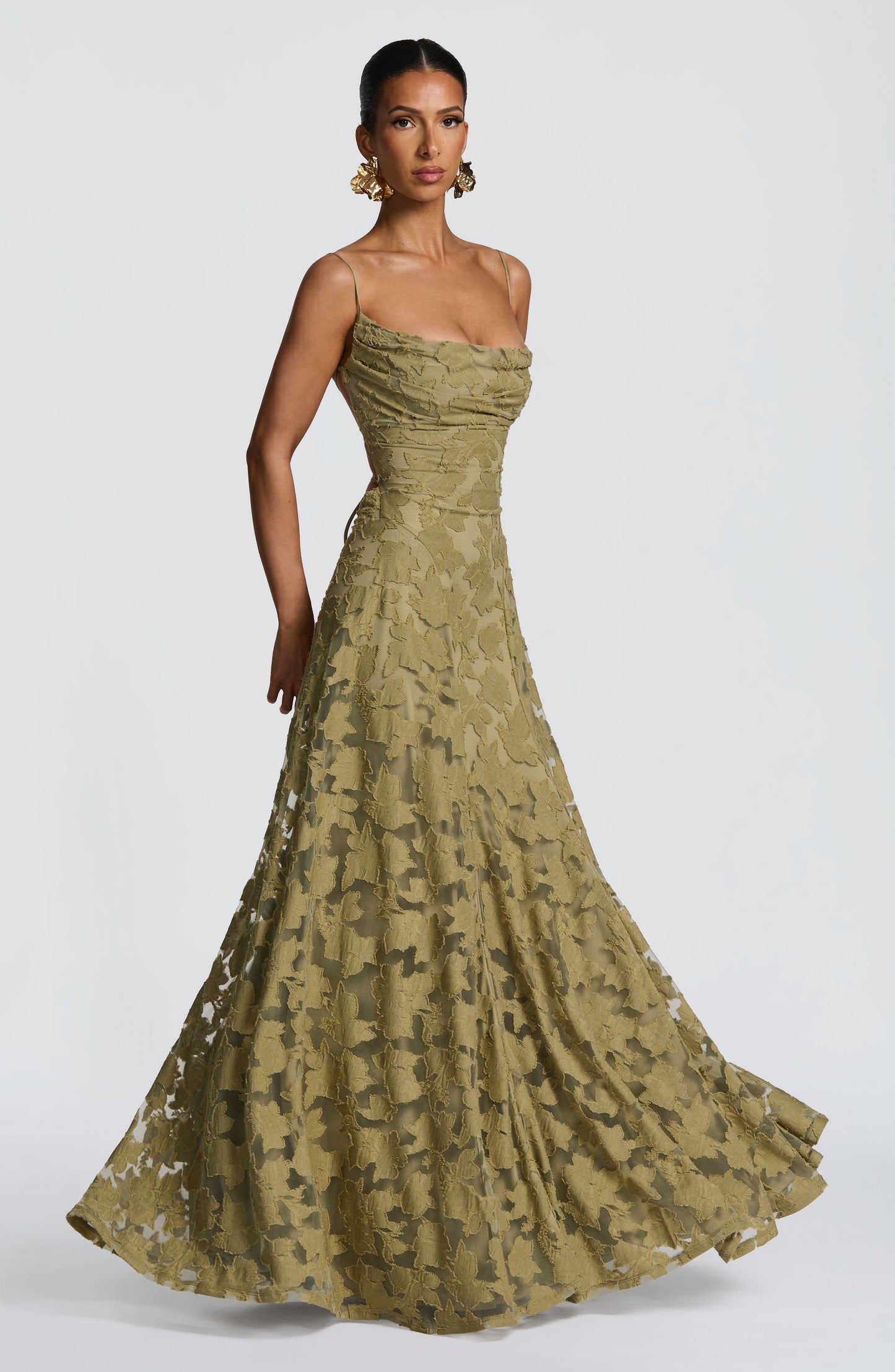 Women cowl maxi dress, back view